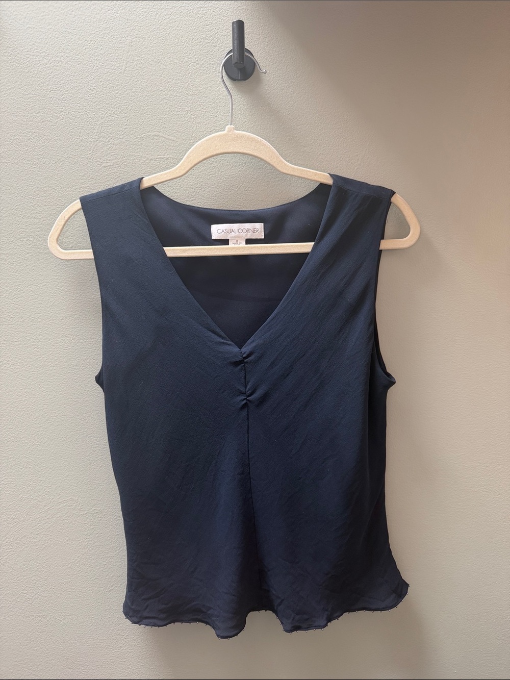 Casual Corner Navy V-Neck Sleeveless top with Bead Details, sheer layer